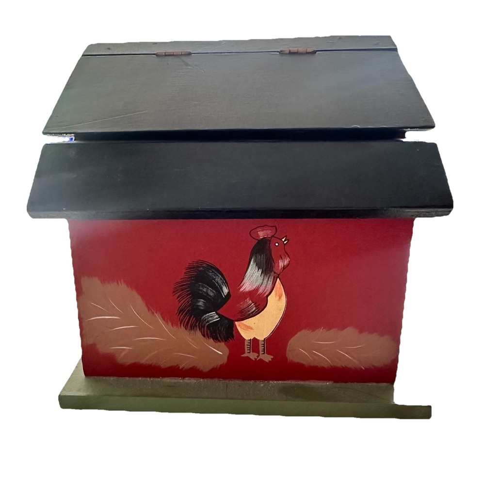 Vintage Red Painted Wood Rustic Recipe Box Hinged Lid HandPainted Rooster Design